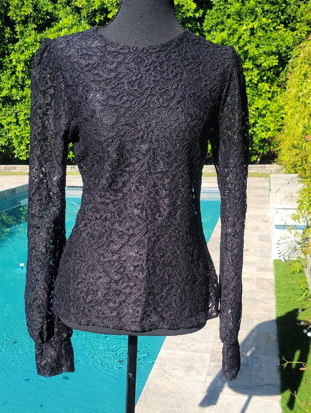 Stella & Dot Black Sheer Lace Long Cuffed Sleeve Top